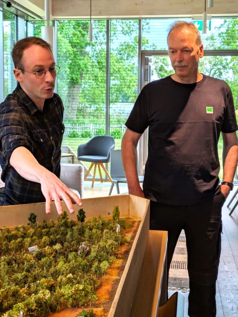 Christoph Torkler und Conrad Torkler erläutern am Modell, wie sie die landwirtschaftliche Fläche nutzen. (Foto: Regionalbüro Oliver Brandt)