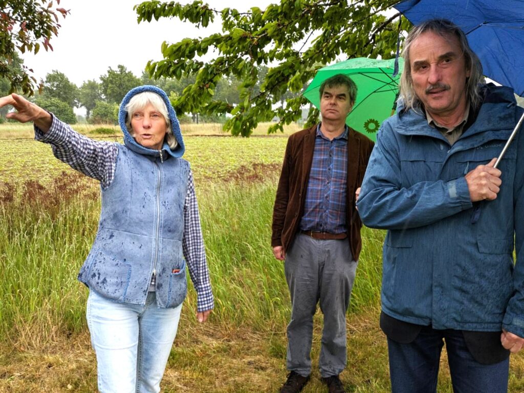 Martin Merlitz (rechts) und Oliver Brandt erfahren von Hannelore von Witzendorff, wie das Agroforstsystem strukturiert ist (Foto: Regionalbüro Oliver Brandt)